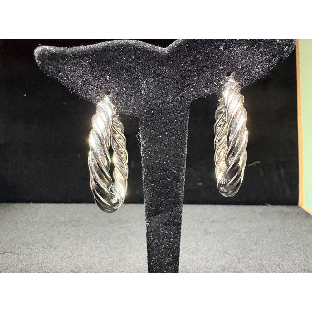 Twisted Hoop Earrings Bronze Buckle Italy Silver Tone Medium Size